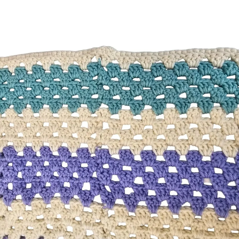 VTG Crochet Handmade Knit Throw Lap Blanket Muted Tone Green Purple Grannysquare